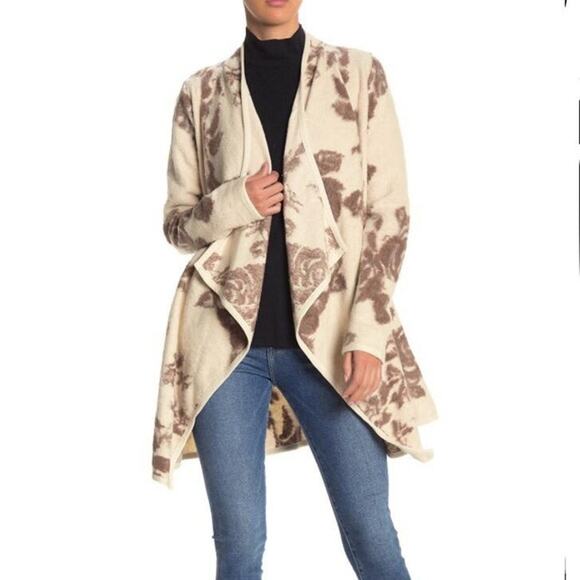 [Lucky Brand] Tan Brown Floral Print Open Front Draped Cardigan Sweater Sz Small - Picture 1 of 11